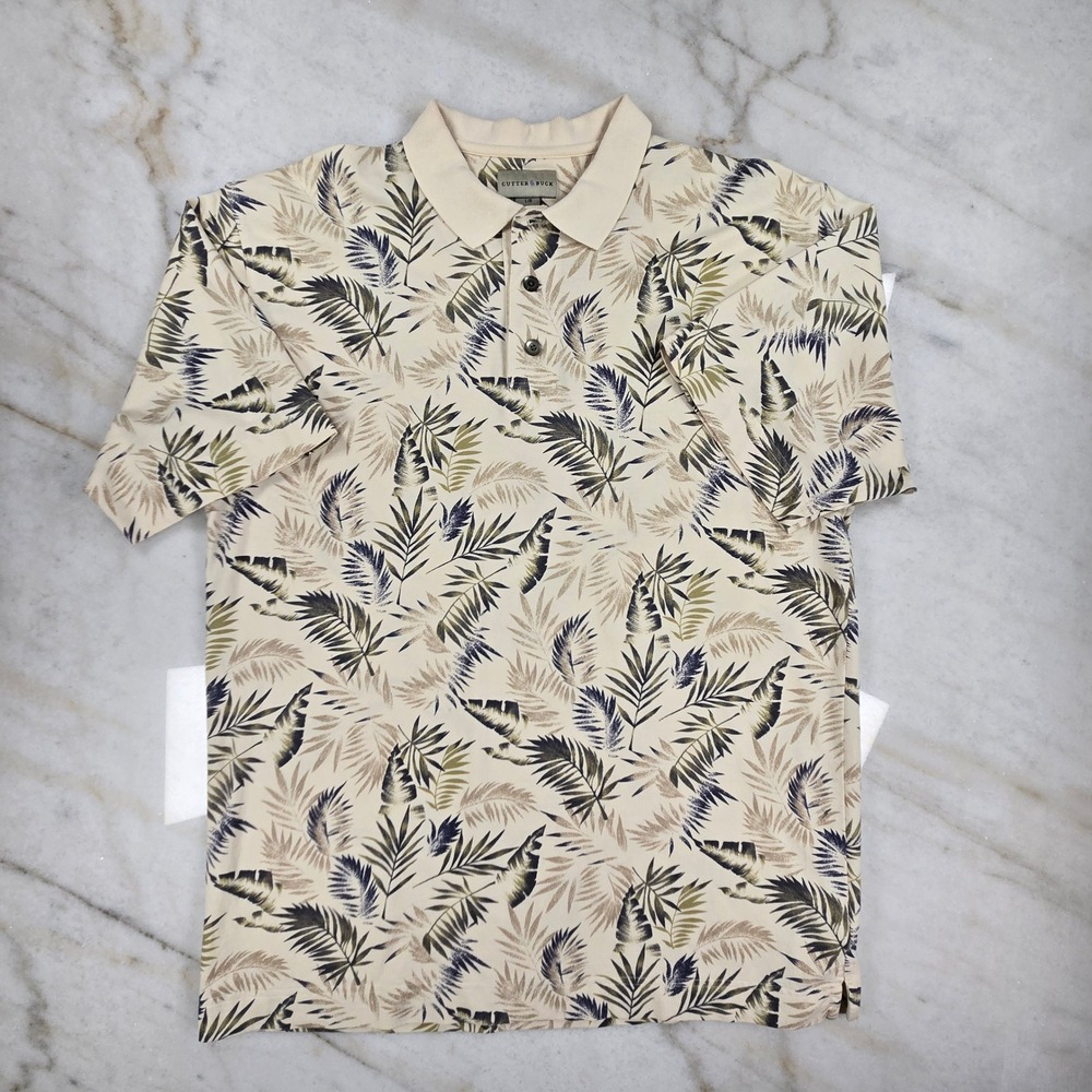 Cutter & Buck Polo Shirt Mens Large Beige Tropical Palm Leaf Golf Coastal Casual